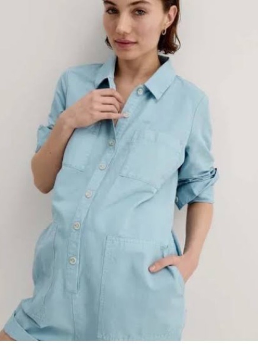 Hatch Maternity Button-Front Utility Romper